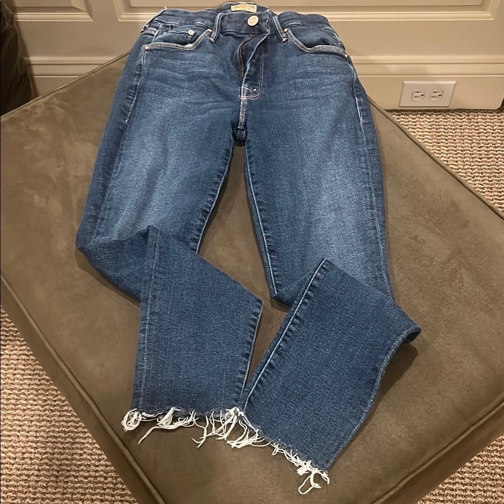 MOTHER Blue Ankle Cropped Jeans with Frayed Hem